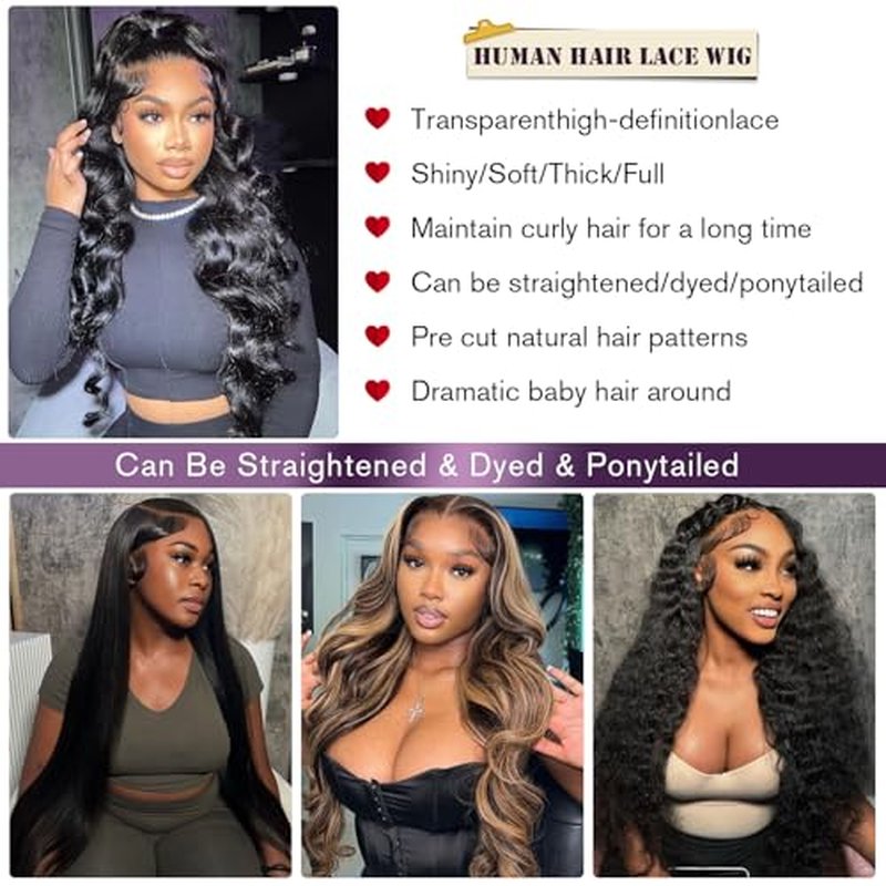 28 Inch 13x6 Body Wave Lace Front Wigs Human Hair 180 Density HD Lace Frontal Wigs Human Hair Pre Plucked Human hair Wig for Women Natural Black