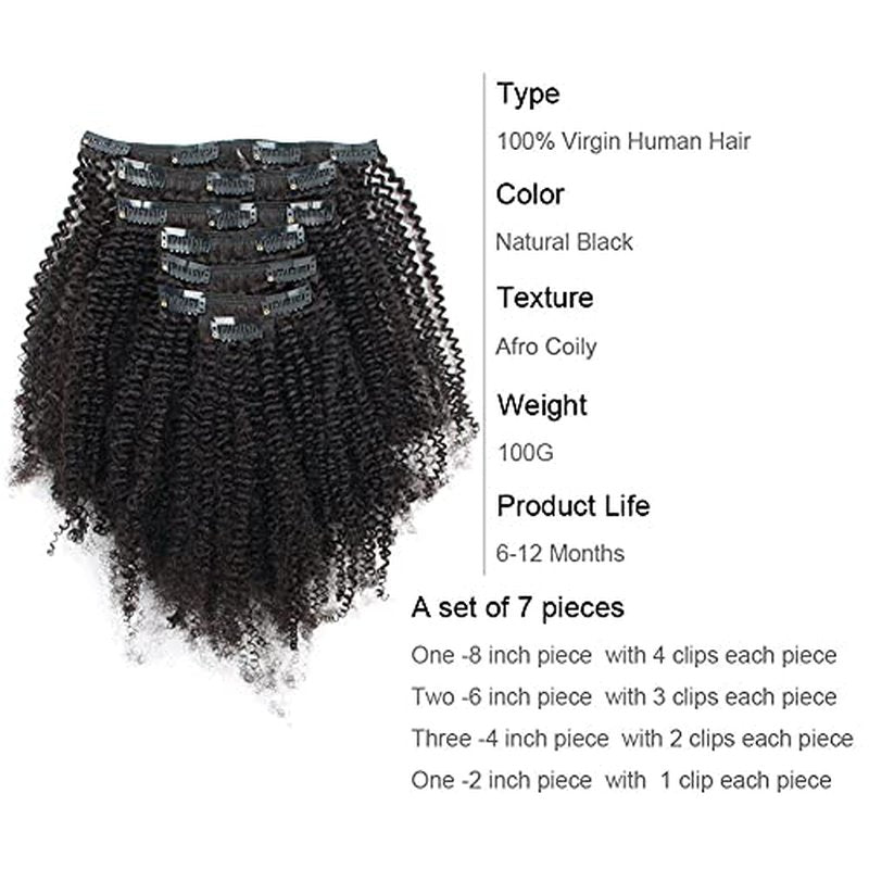 ABH AMAZINGBEAUTY HAIR Afro Coily Clip in Hair Extensions Real Human Hair 4B and 4C Double Wefts Remy Coily Clip ins for African Americans 120 Grams 7pcs 17 Clips, #1B Natural Black 20 Inch