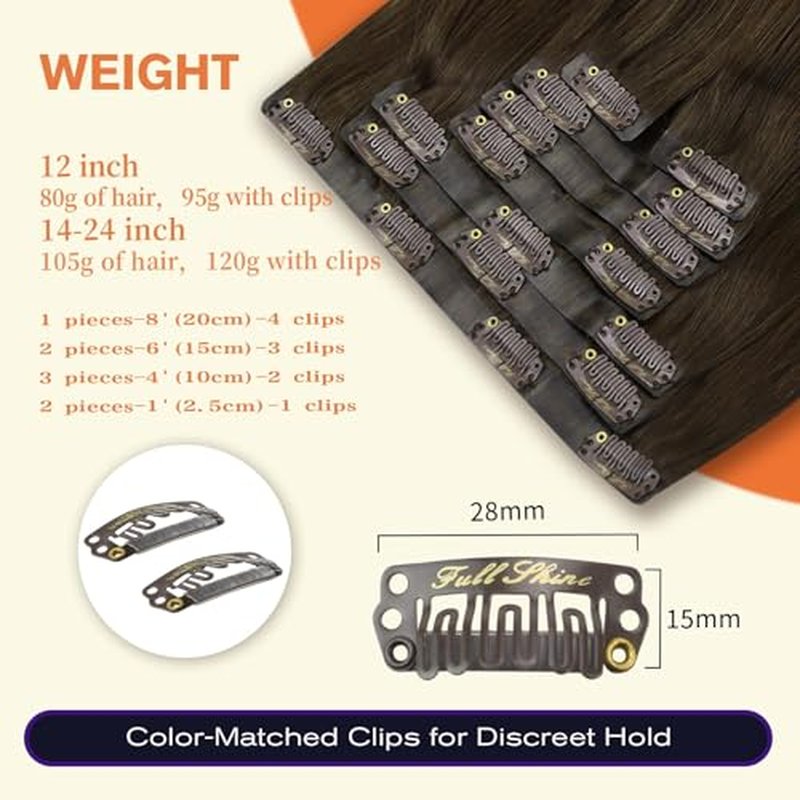 Full Shine Seamless Clip in Hair Extensions Human Hair Dark Brown Real Hair Clip in Extensions Straight Invisible Brazilian Hair Extensions Clip ins 20 Inch 120 Grams 8 Pcs