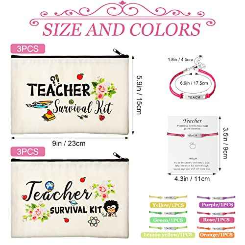 Weewooday 12 Pcs Teacher Appreciation Present Set 6 Teacher Survival Kit Bag Makeup Pouch Pencil Bag, 6 Blessing Card Bracelet Kit(9 x 5.9 Inch,Cute Style)