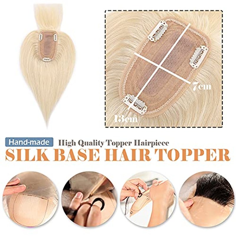 Hairro Human Hair Toppers With Bangs Clip on Topper Hairpiece For Women Silk Base Remy Real Hair Clip On Toupee With Wispy Air Bang For Thinning Hair Loss 10 Inch 33g #60 Platinum Blonde