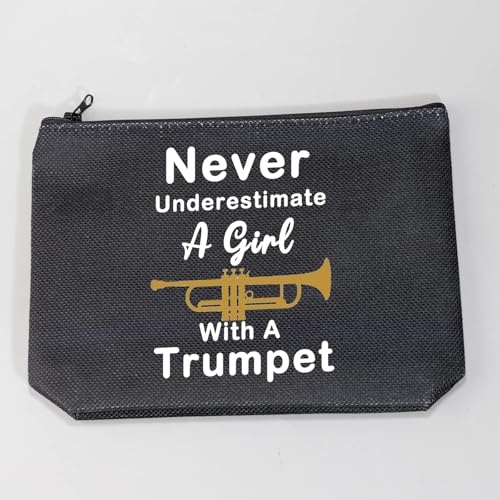 LELVO Funny Trumpet Gift Never Underestimate A Girl With A Trumpet Makeup Bags Trumpet Lovers Zipper Pouch (Girl With A Trumpet+black)