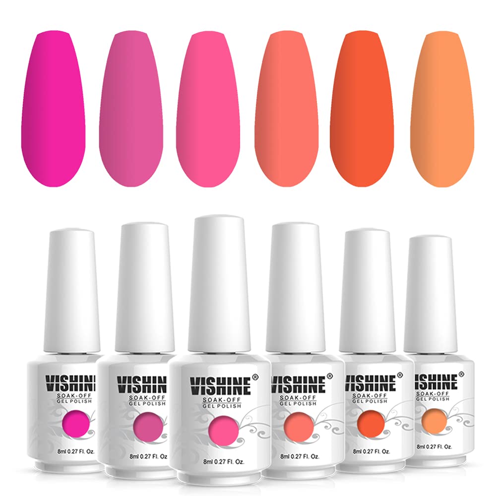 Vishine Gel Nail Polish Set -Hot Pink & Pumpkins Tones - Bright Orange Fuchsia Solid Nail Gel Colors Home Gel Nail Art Manicure Set 8ml