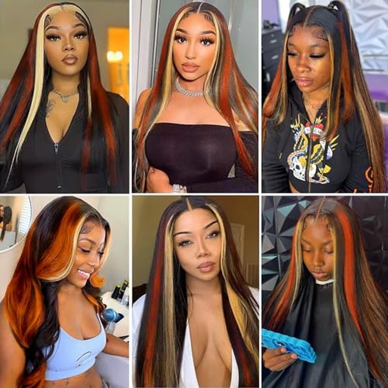 Ginger Blonde Highlight Lace Front Wigs Human Hair Skunk Stripe 13x4 Lace Frontal Wig Straight Black Ginger and Blonde Ombre Colored Wigs Glueluess Human Hair 20 Inch 180% Density Pre Plucked