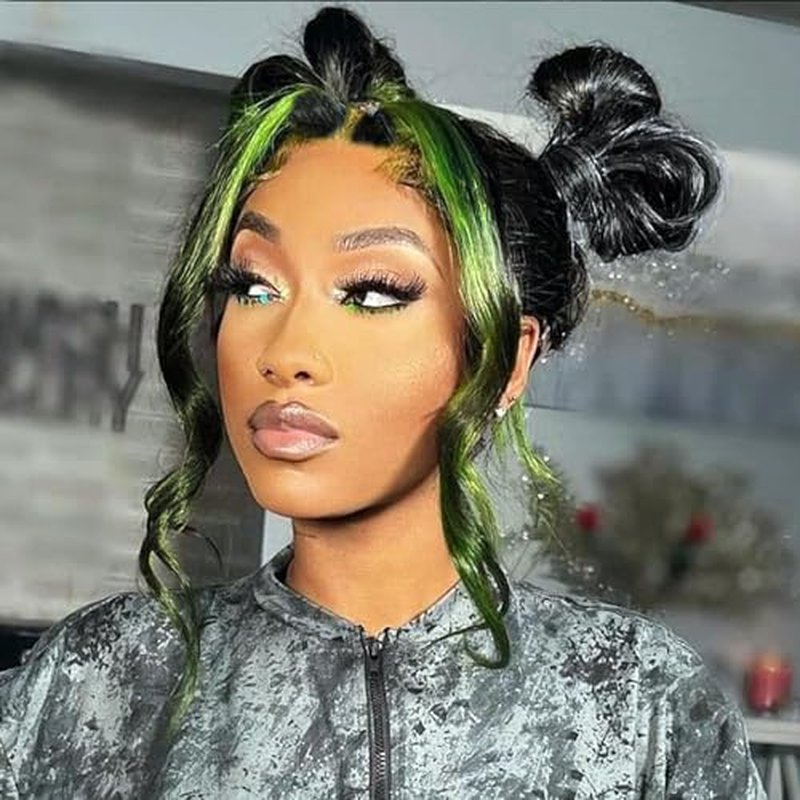 JYZ Skunk Stripe Human Hair Lace Front Wig Green Highlights Wig, Wavy, 13X4 HD Lace Front Wigs Human Hair 200% Density Pre Plucked with Baby Hair 20inch Middle Part
