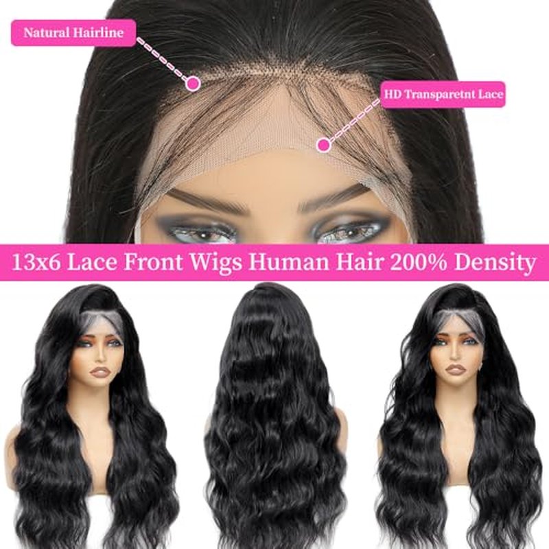 13x6 Body Wave Lace Front Wigs Human Hair 26 Inch 200 Density HD Lace Frontal Wigs 12A Brazilian Virgin Human Hair Wig pre Plucked Natural Hairline 3x Longer Lifespan