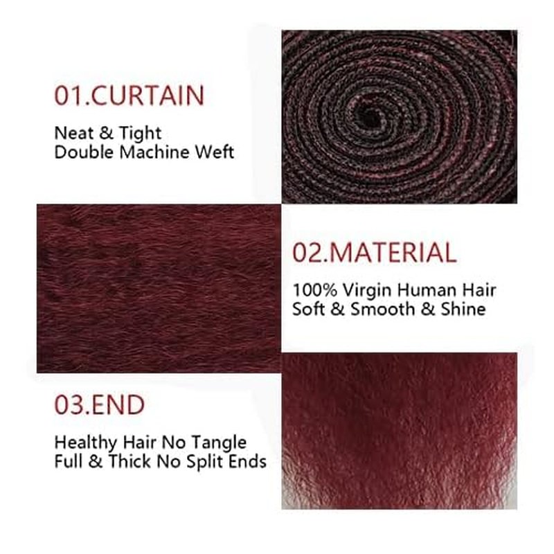 99j Brazilian Yaki Straight Human Hair 4 Bundles Yaki Human Hair Bundles 100% Virgin Kinky Straight Virgin Hair Extensions Women Girl Black Red(12 14 16)
