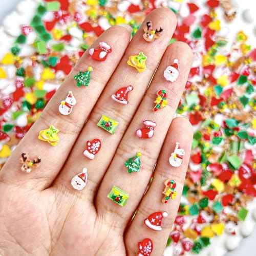 100Pcs Christmas Nail Charms Cute Elk Santa Claus Nail Rhinestones Xmas Tree Bell Gloves Socks Hat Design Winter Nail Art Charms 3D Resin Snowman Nail Gems New Year Nail Jewelry Accessories for Women