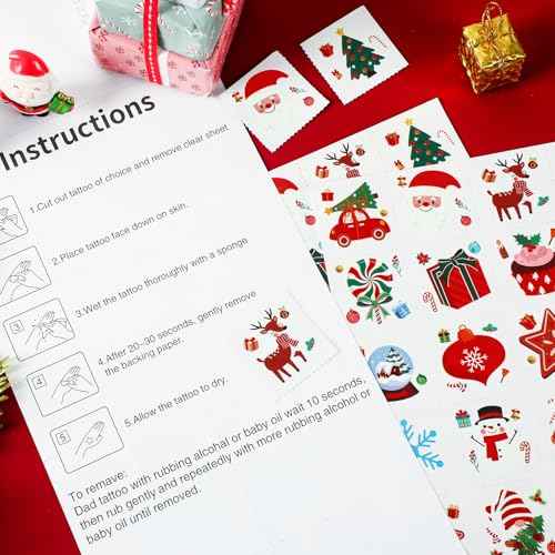 JUNEBRUSHS Christmas Glow in Dark Temporary Tattoos for Kids, 180 Individually Christmas Luminous Tattoo Stickers Santa Claus for Kids Christmas Socks Gifts Party Boys Girls Goody Bag Stuffers