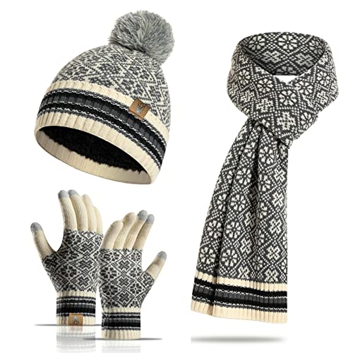 Winter Beanie Hat Long Scarf and Touchscreen Gloves for Women Fleece Lined Skull Cap Neck Scarves for Men 3Pcs