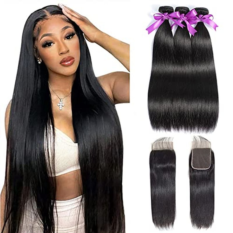 Straight Bundles with Closure Human Hair 20 22 24+18 Brazilian Human Hair Bundles with Closure Straight 100% Unprocessed Virgin Weave Hair Bundles with Lace Closure