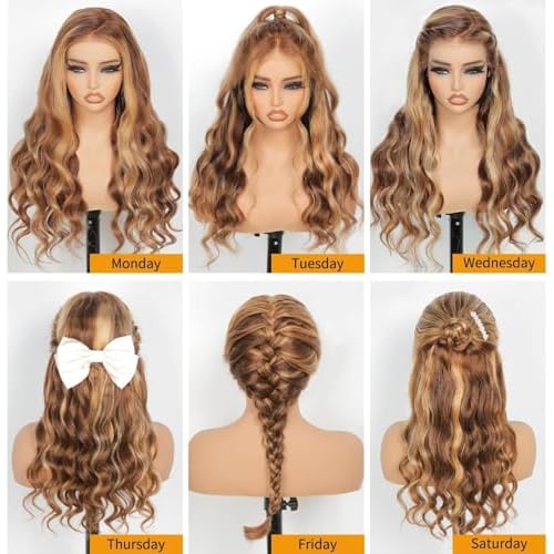 200% Density Highlight Ombre Lace Front Wig Human Hair Body Wave 13x6 Full Lace Frontal Wigs Pre Plucked P4/27 Honey Blonde Brown Colored Lace Frontal Wigs for Women