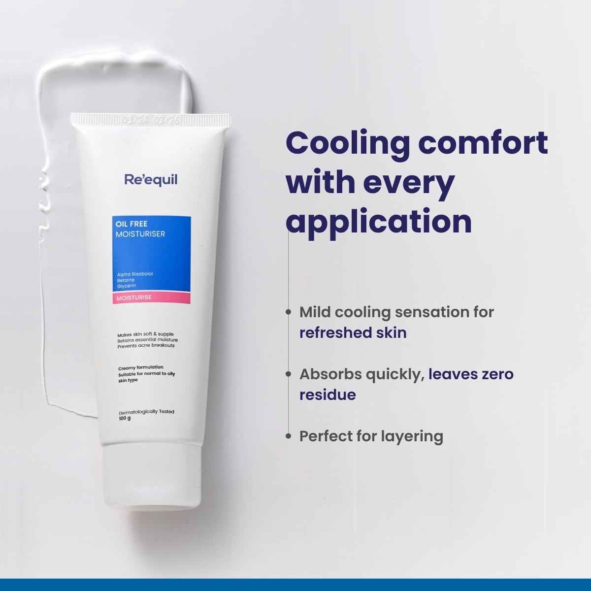 RE' EQUIL Oil Free Moisturiser Lightweight Moisturizer For Face Retains Essential Moisture Prevents Acne Breakouts Suitable For Normal, Oily Combination Skin 100G