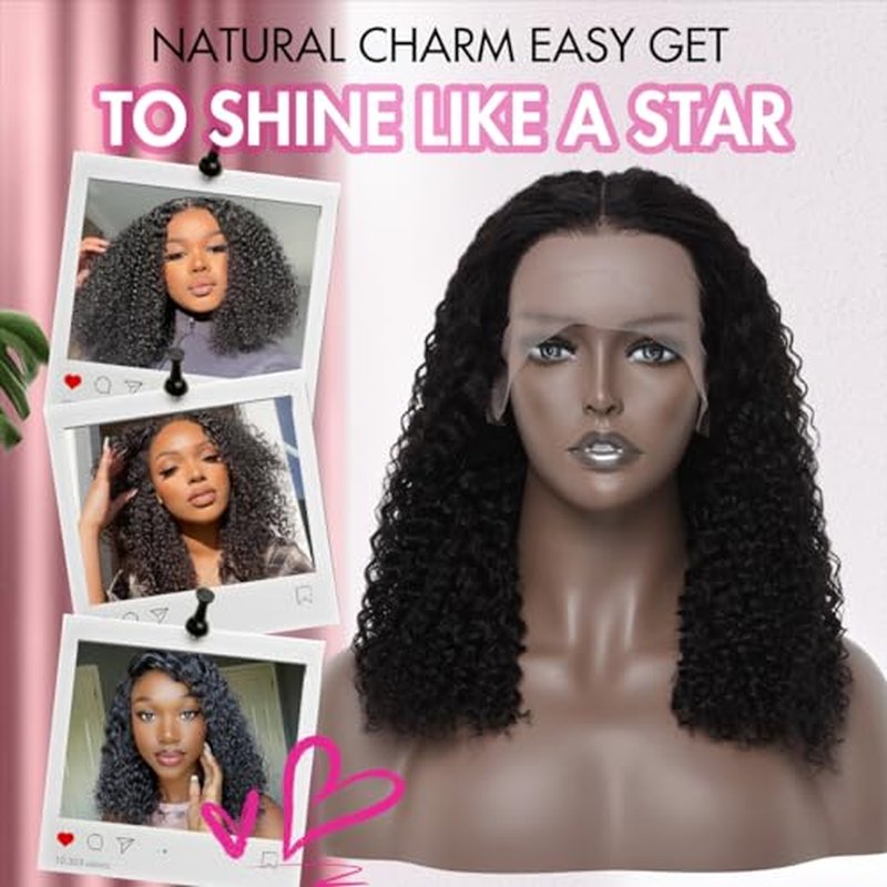 200% Density Mongolian Curly Human Hair Wigs 13X4 HD Lace Front Wigs Wear and Go Glueless Wigs Human Hair Pre Plucked with Baby Hair Unprocessed Virgin Hair Natural Black Color Curly Wig 16Inch