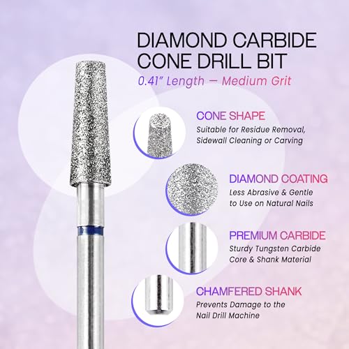 PANA 3/32" Diamond Carbide Cone Bit- Style 13, Medium Grit - Professional Cuticle Nail Drill Bits for Acrylic Gel Nails Dry Manicure Pedicure Shape Remove Tools
