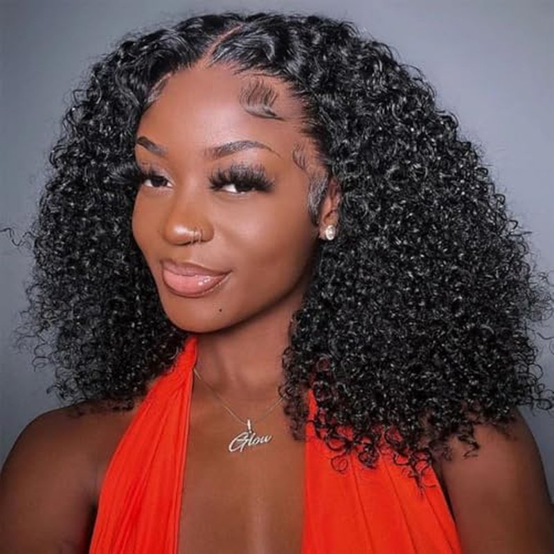 Kinky Curly Wig Human Hair 13x6 Lace Frontal 220% Density 16 Inch Afro Kinky-Curly Bob HD Transparent Lace Front Wig for Women Pre Plucked With Baby Hair Glueless Short Kinky Curly Wigs