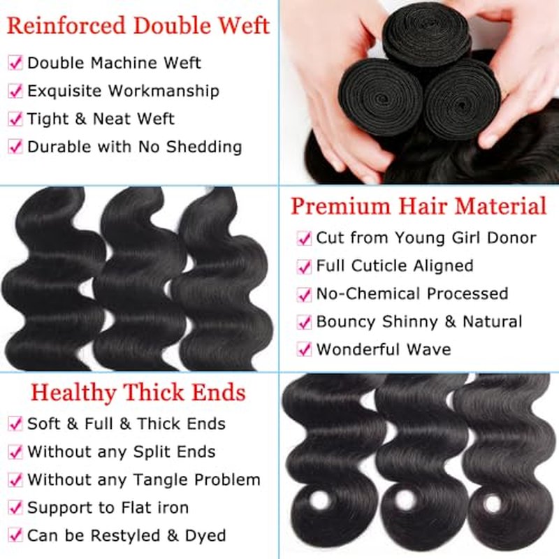 16A Human Hair Bundles 18 20 22 Inch Body Wave Bundles Human Hair 300g Brazilian Virgin Body Wave 3 Pieces Deals Brazilian Quick Weave Extensions Wet and Wavy Extensions Natural Black