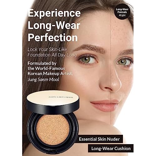 JUNG SAEM MOOL Essential Skin Nuder Longwear Cushion 0.98 Fl Oz (Light), Refill Included, 24H Lasting Cushion Foundation with High Coverage, Semi-Matte Natural Finish, Korean Foundation Makeup