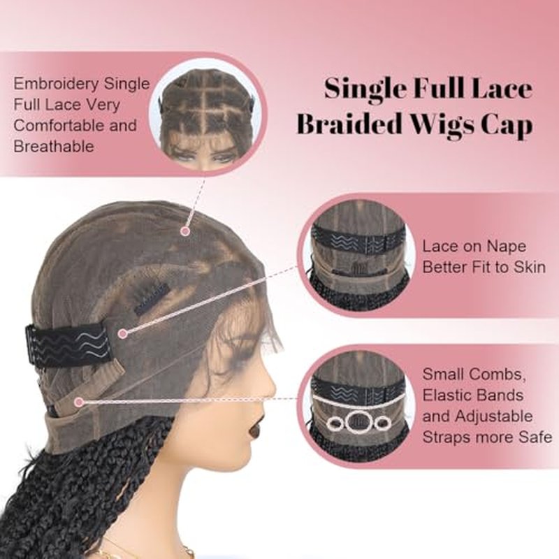 36 Inch Full Lace Boho Braided Wigs for Black Women, 360¡Æ HD Single-layer Square Knotless Box Braid Wig with Baby Hair Handmade Synthetic Hair Blended Lace Front Wig Natural Black