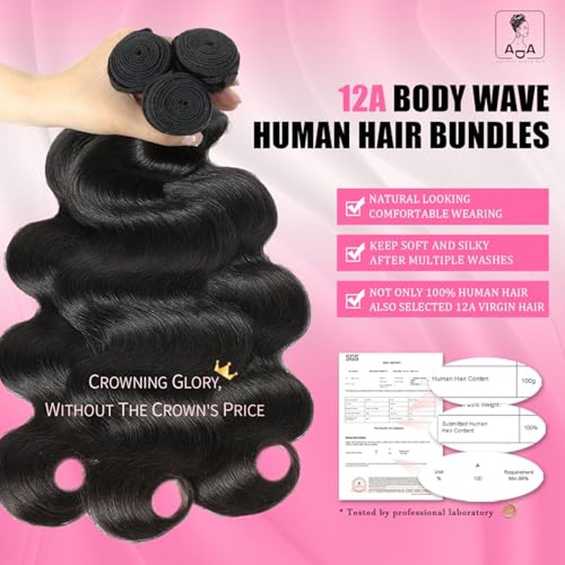 12A Human Hair Bundles 34 Inch Body Wave Bundles Human Hair 100% Unprocessed Quick Weave Single Bundle Real Human Hair Extensions Natural Color