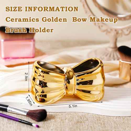 Chunful Gold Bow Toothbrush Holder Cute Ceramic Bow Shaped Toothbrush Makeup Brush Holder Organizer Comb Pen Pencil Storage Box Container Bathroom Vanity Countertop Accessories, for Bathroom Home