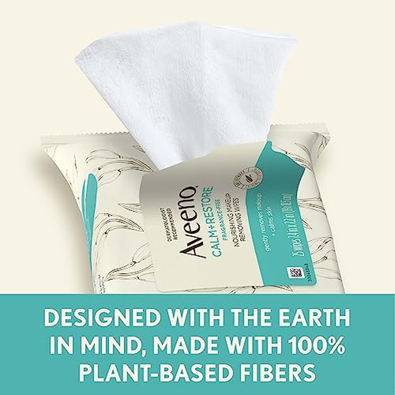 Aveeno Calm + Restore Unscented Makeup Remover Face Wipes, Fragrance Free Facial Cleansing Towelettes with Oat Extract & Calming Feverfew Leave Skin Feeling Soothed, Alcohol Free, 25 ct