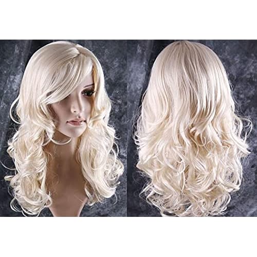 BERON 24" Stylish Blonde Wig for Women Long Curly Wavy Light Blonde Wig with Bangs Synthetic Wavy Wigs Long Wigs for Daily Party