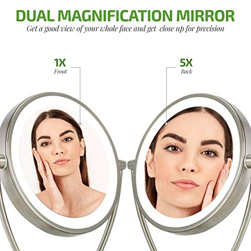 Ovente Lighted Tabletop Makeup Mirror 9.5 Inch LED Dimmable 1X 5X Magnifier 360 Adjustable Double Sided Battery USB Operated Bedroom Lamp Vanity Cosmetic Professional Large Nickel Brushed MLT45BR1X5X