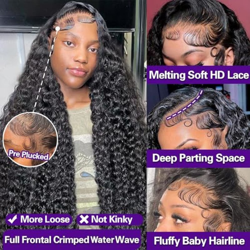 Water Wave Lace Front Wigs Human Hair 13x6 Full Frontal HD Transparent Lace Front Wigs for Women 180% Density Deep Curly Human Hair Wigs Wet And Wavy Pre Plucked with Baby Hair 20Inch