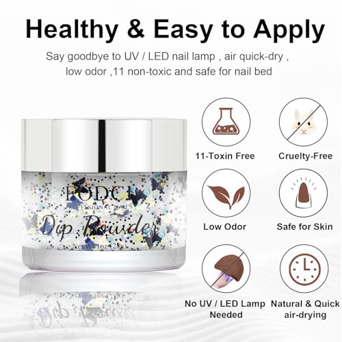 Nail Dip Powder Colors, Butterfly Glitter Silver - DIY Nail Art Starter Kit - No Lamp Needed - 1 oz