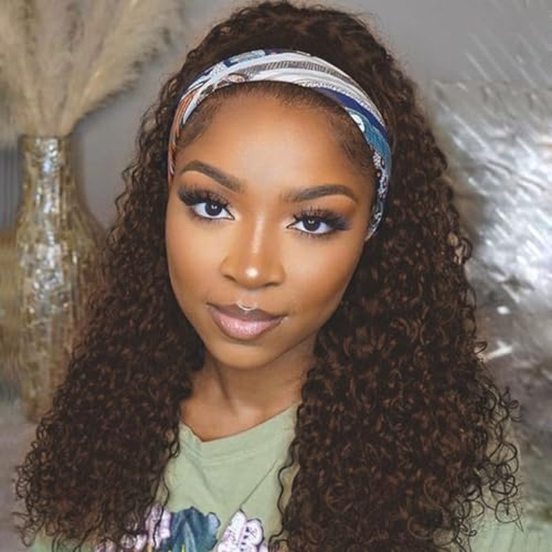 Headband Wig Human Hair Deep Wave Chocolate Brown Headband Wigs for black women Glueless Wigs Human Hair Machine Made 150% Density headband wig human hair with Headbands 22 Inches