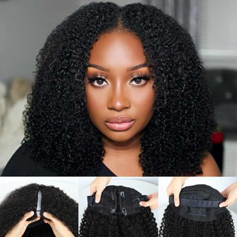 Domiso V Part Human Hair Wig Afro Kinky Curly V Part Wig No Glue No Sew Clip in Half Wig No Leave Out Elastic Band and Removable Clips for Secure Beginner Wig 18 Inch