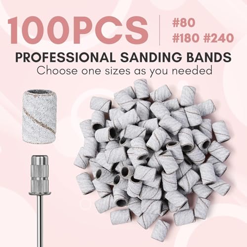 Makartt Sanding Bands for Nail Drill-100 Pcs Nail File Sanding Bands for Drill Bits #180 Medium Grits for Acrylic Nails Gel Removing and Shaping, Upgrade Thicker Durable Sanding Drill Bit, White