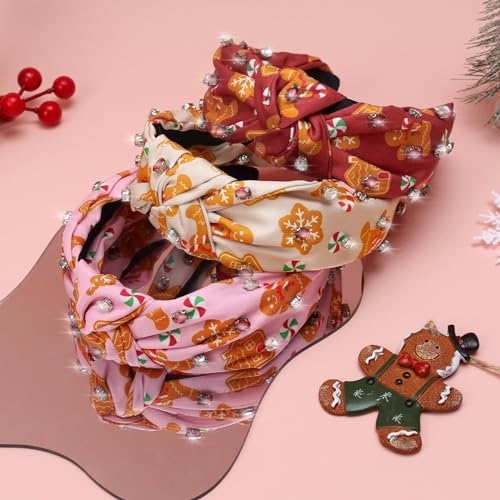 CiyvoLyeen Gingerbread Headband Ribbon Knotted with Jeweled Rhinestones for Women Wide Hot Pink Red Cookies GibberyHouse Hair Bands Girls Hair Accessories Gift Exchange Ideas 3PCS Christmas Gift