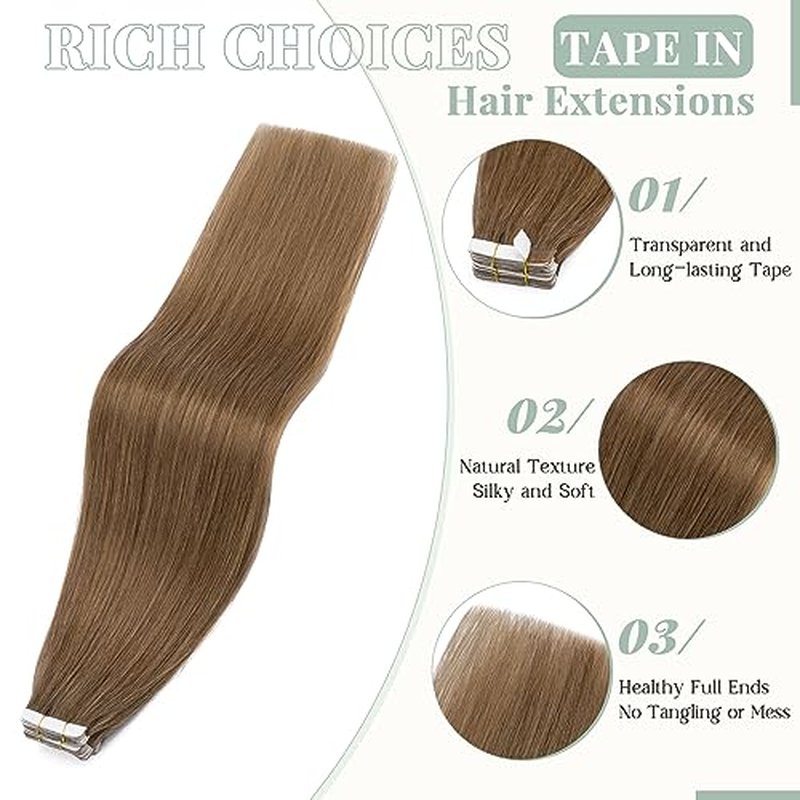 Rich Choices Tape in Hair Extensions Human Hair, 40pcs 100g 100% Remy Tape Hair Extensions Real Human Hair,Seamless Balayage Skin Weft Tape in Hair Extension 20 Inch #06 Light Brown