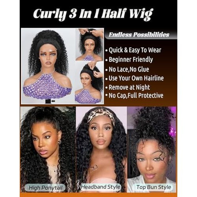 Curly Half Wig Human Hair 200% Density Kinky Curly Half Wig 3 In 1 Seamless Flip Over 26 inch Glueless Wigs Wear Go Beginner Friendly Kinky Curly Wig Drawstring Headband Wig for Women Daily Wear