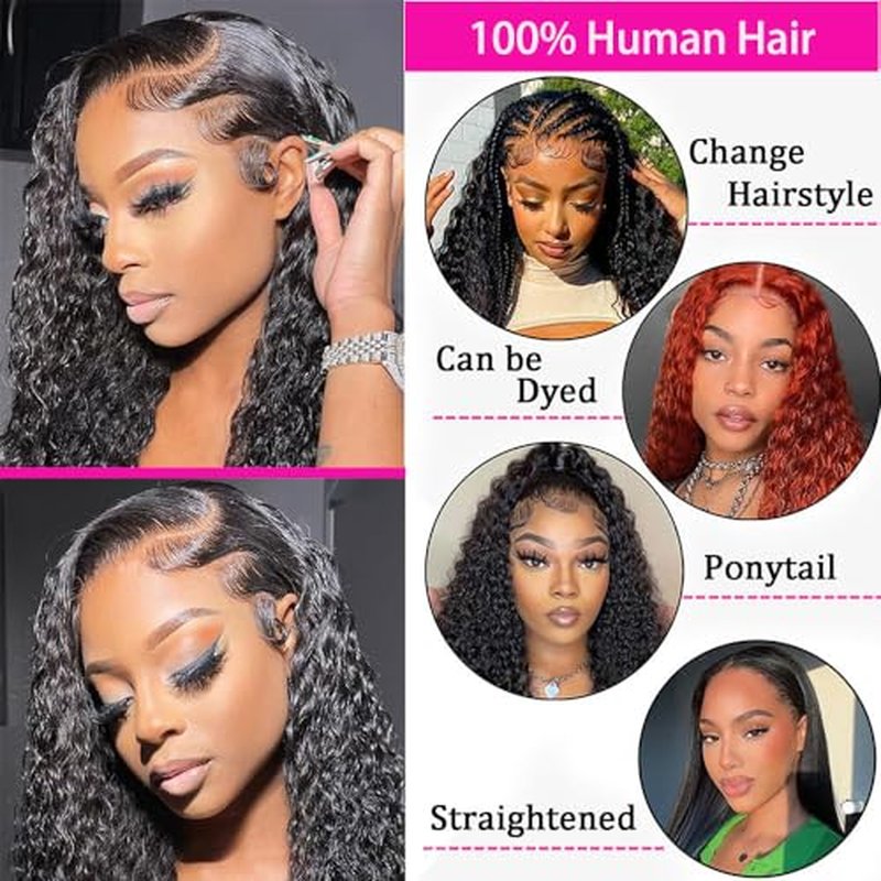 200% Density 24 Inch 13x6 Deep Wave Lace Front Wigs Human Hair Curly HD Lace Front Human Hair Wig Pre Plucked 100% Real Human Hair No Synthetic Blend No Tangle No Shedding Triple Lifespan 3X