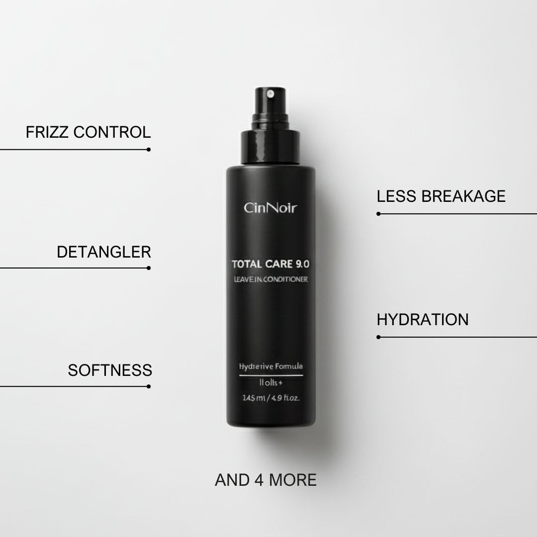 CinNoir Total Care 9.0 Leave-In Conditioner Spray, 2 Layer Conditioner, Frizz Control and Detangler, Silicone Free, Conditioner for Dry Damaged Hair, Women & Men, Hair Conditioner for All Hair Types