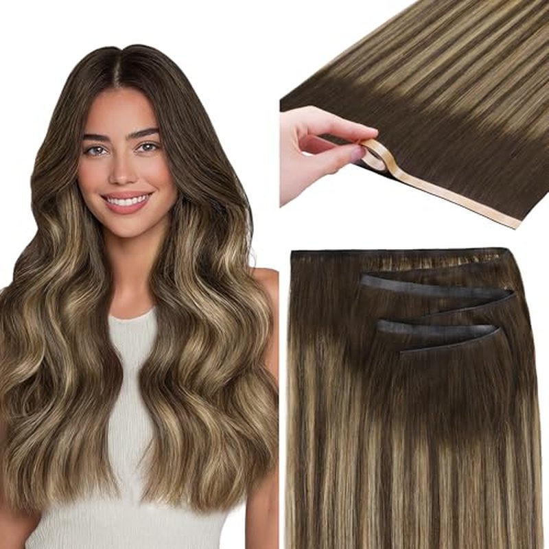 GOO GOO Tape In Weft Hair Extensions Human Hair, Genius PU Long Weft Tape In Hair Extensions Real Human Hair, Silky Easy to Use, 4/27/4 Balayage Chocolate Brown to Caramel Blonde 22 inch 60g