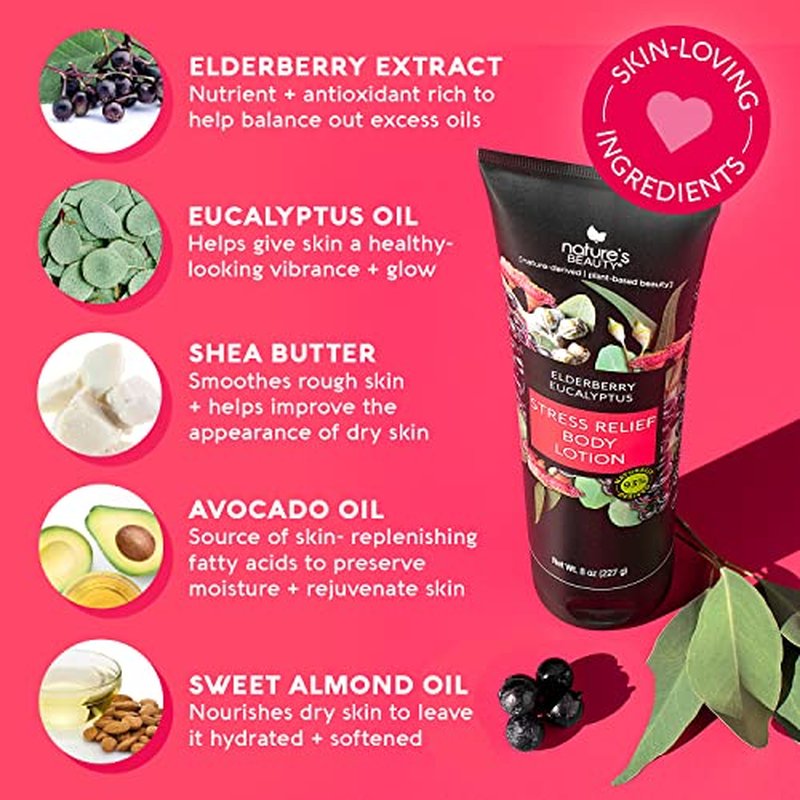 Nature's Beauty Elderberry Eucalyptus Stress Relief Body Lotion Multi-Pack - Lightweight, Non-Greasy Restore Moisturizer, Made w/Shea Butter, Avocado Oil and Sweet Almond Oil, 8 oz (2 Pack)