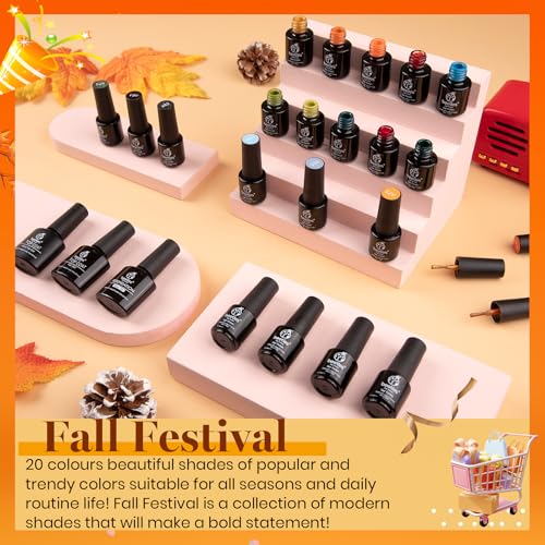 Beetles Fall Gel Nail Polish Set - 20 Colors Yellow Orange Burgundy Red Brown Black Green Gel Nail Polish Kit with Glossy Matte Gel Top Base Coat Soak Off Uv Manicure Gift for Women