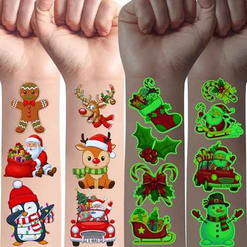 Glow In Dark Christmas Temporary Tattoos | Luminous Christmas Decorations Accessories Party Favors Supplies Goodie Bags Stocking Stuffers Xmas Santa Claus Snowman Gift Idea For Kis Teen Adult-60Pcs