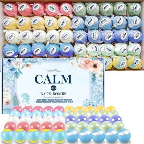 TranquilBliss Bath Bombs Set 50 PCS with 10 Rich Scents, Bath Bombs for Women, Natural Bubble Bombs with Shea Butter & Safe Oil, Ideal for Christmas, Birthday, Valentine's Day Mother's Day Present