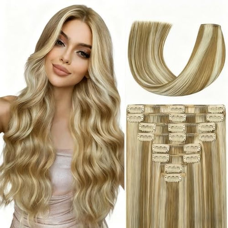 Blonde Clip in Hair Extensions Real Human Hair, 24 Inch 120g Natural Human Hair, Remy Human Hair Extensions Cip ins for Women 8pcs Per Set #16/22 Light Blonde Highlighted Golden Blonde