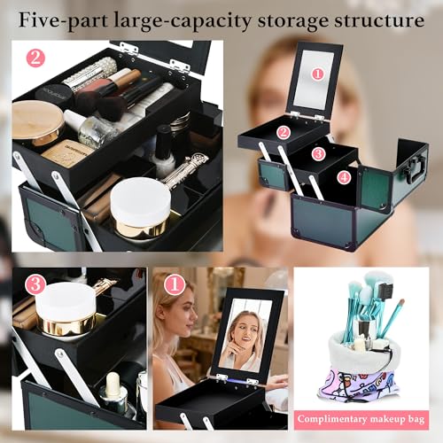 Makeup Train Case, Portable Makeup Case with Mirror, 2-Trays Cosmetic Organizer Case,Nail Polish Organizer, Travel Makeup Box, Profesional for Salon Barber, Green