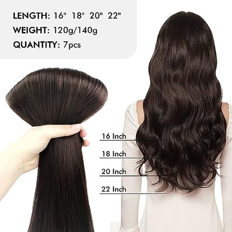 Sixstar Clip In Hair Extensions - 140g Real Human Hair, Dark Brown, Silky Straight, Per Pack, Full Head, 7 Pieces [18inch]