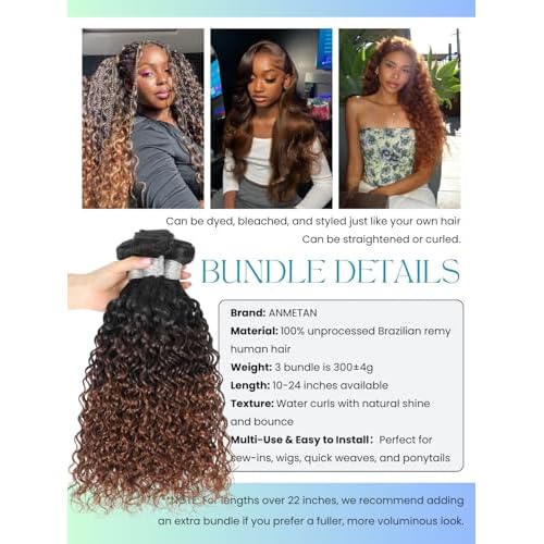 12A Ombre Human Hair Bundles Water Wave, Chestnut Ombre Brown 100% Remy Human Hair Curly 3 Bundle Wet and Wavy Thick 3 Tone Colored #T1B/2/30 Dark Roots Keep Soft After Washes 10 12 14 Inch