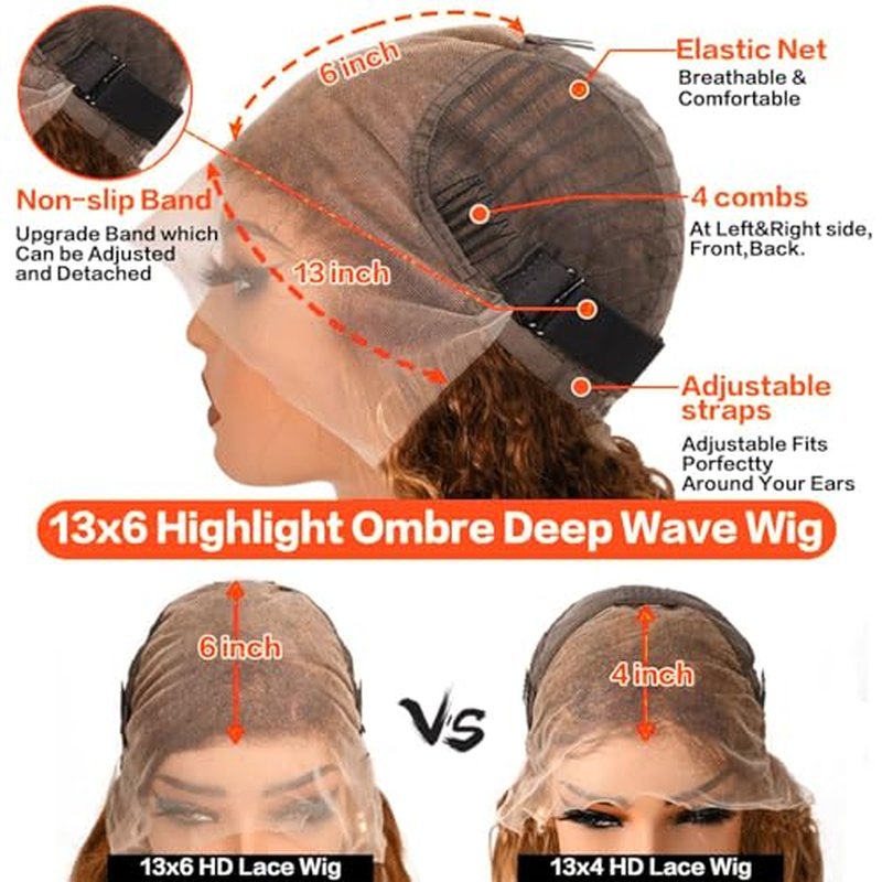Ombre Lace Front Wig Human Hair 180% Density 4/27 Honey Blonde 13x6 Deep Wave Lace Front Wigs Wet and Wavy Curly Glueless Wigs Human Hair Pre Plucked with Baby Hair(Highlight, 24 Inch)
