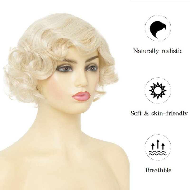 Dai Cloud Short Blonde Finger Wave Wig for Women 1920s Curly Synthetic Flapper Wig Heat Resistant Side Part Vintage Halloween Cosplay Costume Hair Wigs