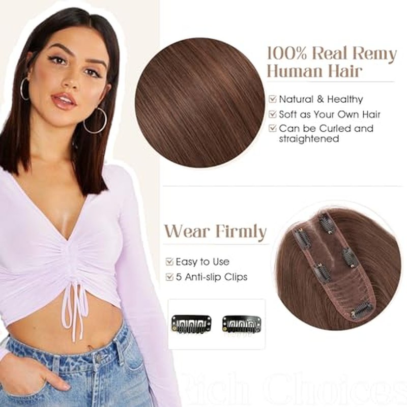 Rich Choices Hair Toppers for Women Real Human Hair 100% Human Remy Toppers for Women with Thinning Clip in NO Bangs Upgrade Extended 2"*6"Lace Base 150% Density 12 Inch #2 Dark Brown